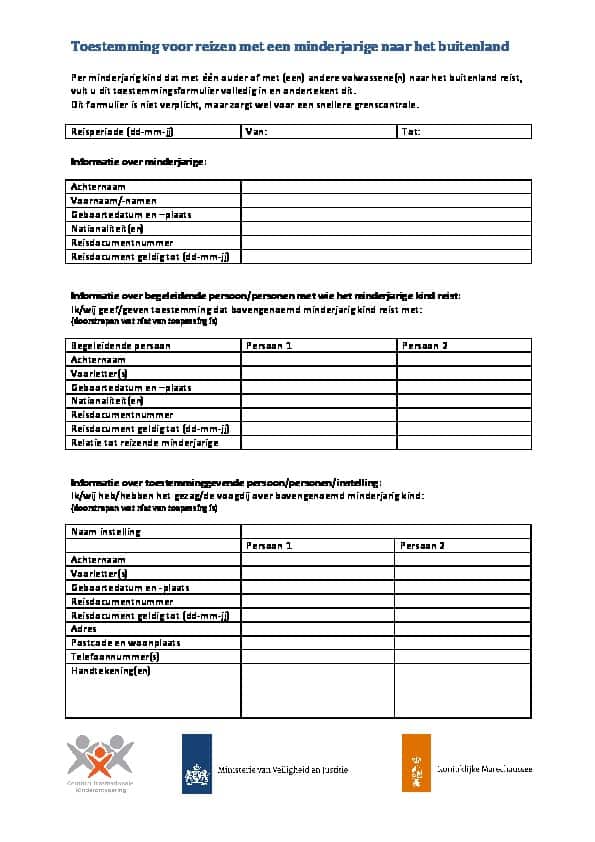 Toestemmingsverklaring voor reizen met een minderjarige (Nederlands, pdf)